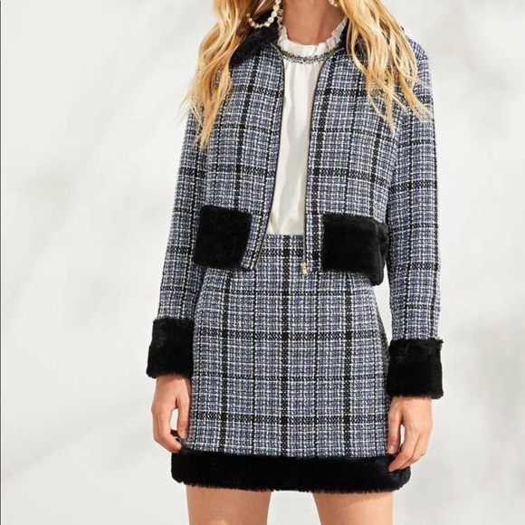 SHEIN Dresses & Skirts - Faux fur plaid coat & skirt set